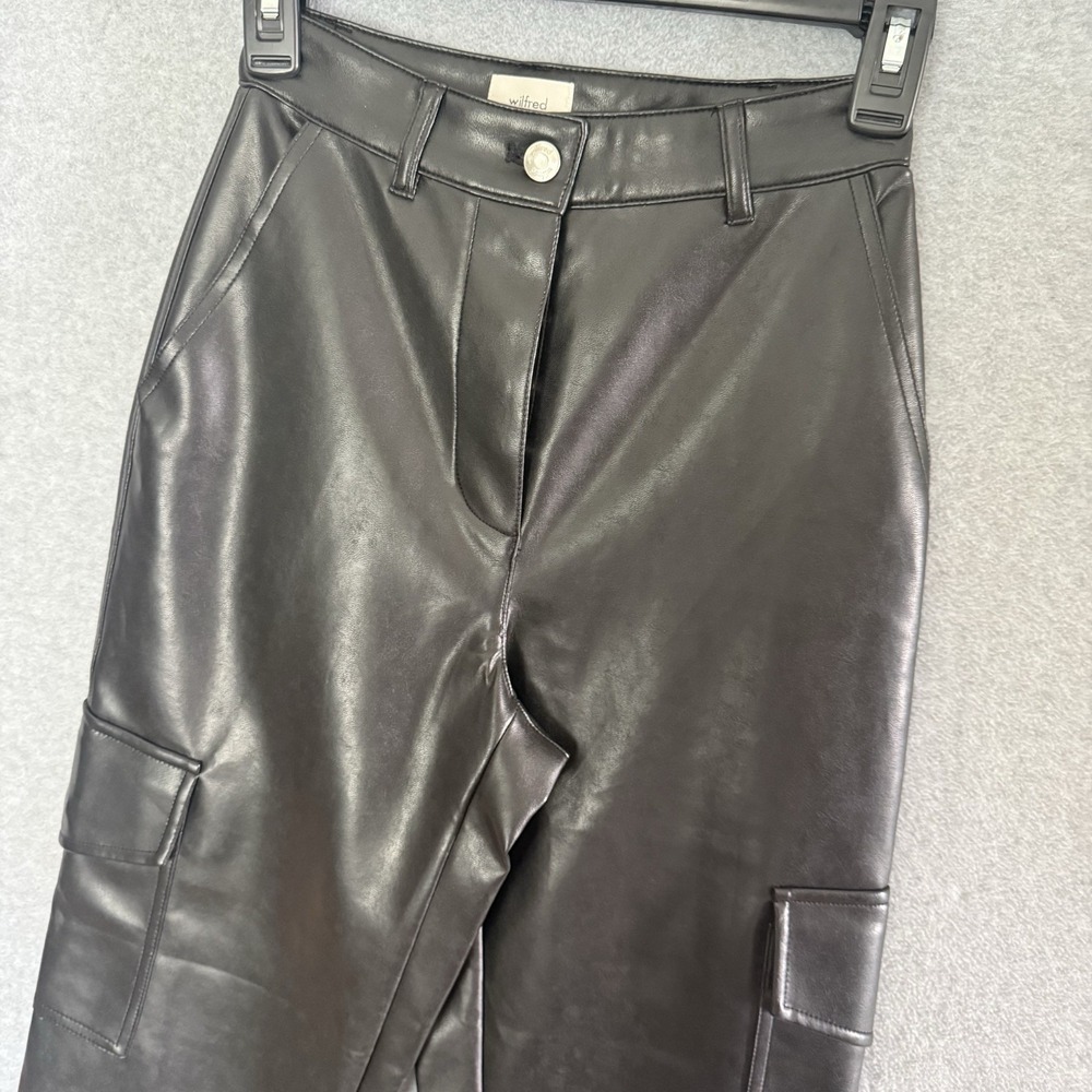 Aritzia WILFRED Modern Cargo Pants Black Vegan Leather High Waist Button Size 00 - Picture 3 of 14